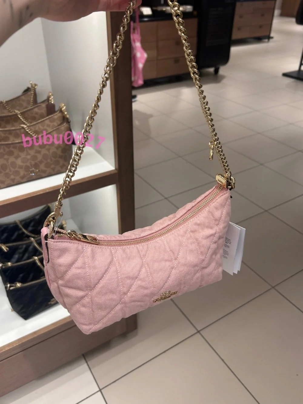NWT💖Coach Caitlin Shoulder Bag Quilting And Charm CEQ62 Pink Denim Chain Gift